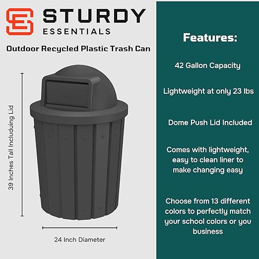 42 Gallon Slatted Circle 100% Recycled Plastic Commercial Outdoor and Indoor Trash Can with Push Open Dome Lid and Internal Liner | Great for Schools and Businesses - Black