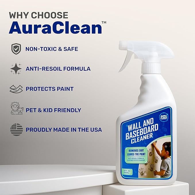 Wall & Baseboard Cleaner - Safe for Painted Walls & Trim | Eco-Friendly, No-Rinse, Kid & Pet-Safe | Anti-Resoil, Streak-Free Finish | Made in the USA | 32 oz Spray (1 Quart)