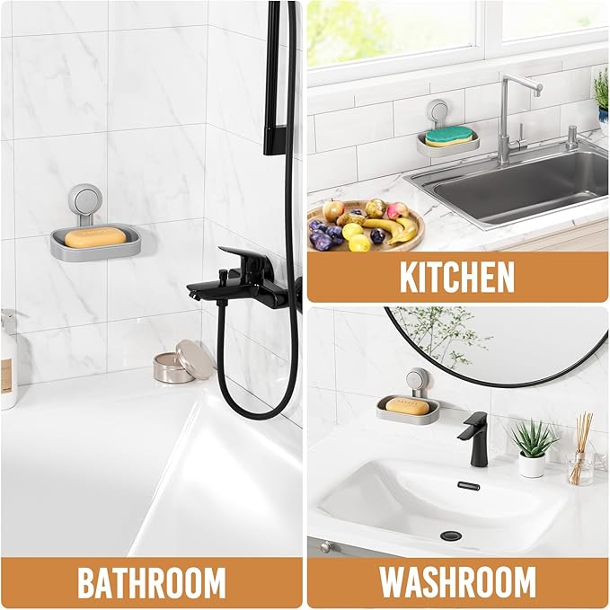 LEVERLOC Soap Dish Holder for Shower Suction Cup Wall Mounted Self Draining NO-Drilling Removable Bar Soap Sponge Holder for Bathroom Bathtub Kitchen Sink Waterproof Strong Vacuum Suction, Grey