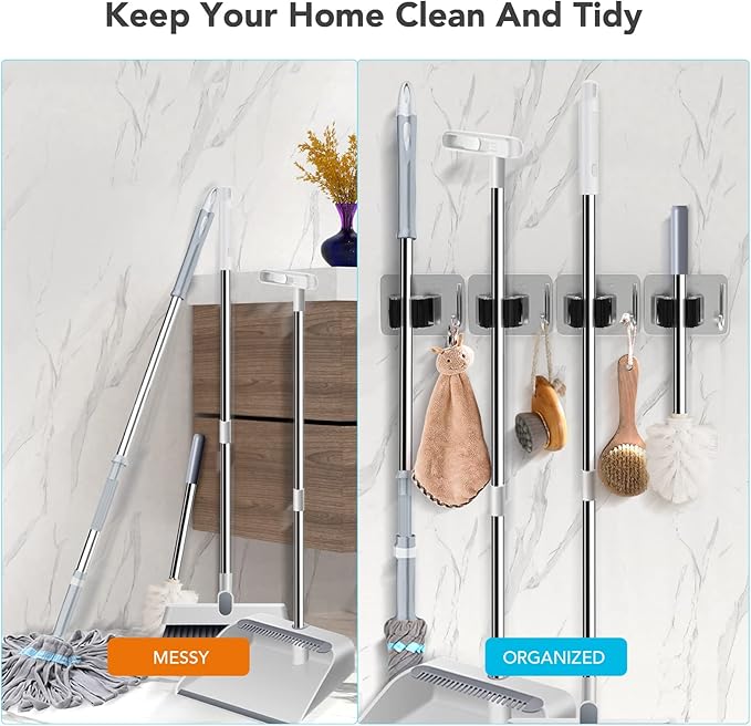 Mop Broom Holder No Drill, Mop Broom Organizer Wall Mounted Heavy Duty with Hooks Hanger, Self Adhesive Stainless Steel 4Pcs for Bathroom, Kitchen, Office (Multicolor)