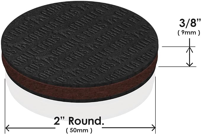 GorillaPads Non Slip Furniture Pads/Floor Grippers (Set of 16 Grips) 2 Inch Round Floor Protectors for Under Furniture, Black, CB144-16