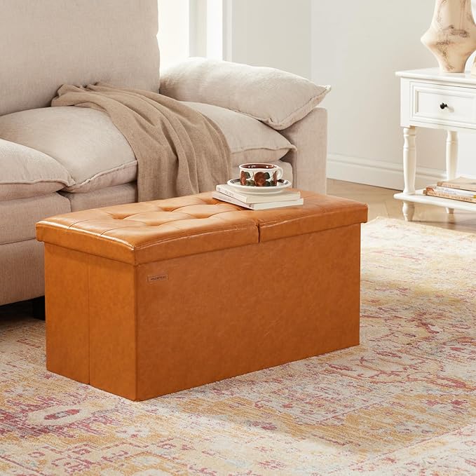 HAUSFRAU - 30 Inches Storage Ottoman Bench with Flipping Lid, Foldable Storage Chest Foot Rest for Living Room, Bedroom, Entryway, Load 660 lb, Synthetic Leather, Cognac Brown