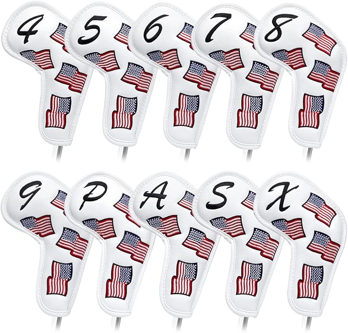 US Flag Golf Iron Covers Headcovers - 10pcs Patriotism Golf Club Covers for Irons - White Synthetic Leather Golf Iron Wedge Head Covers fits for PXG, Taylormade, Mizuno JPX MP, Etc.
