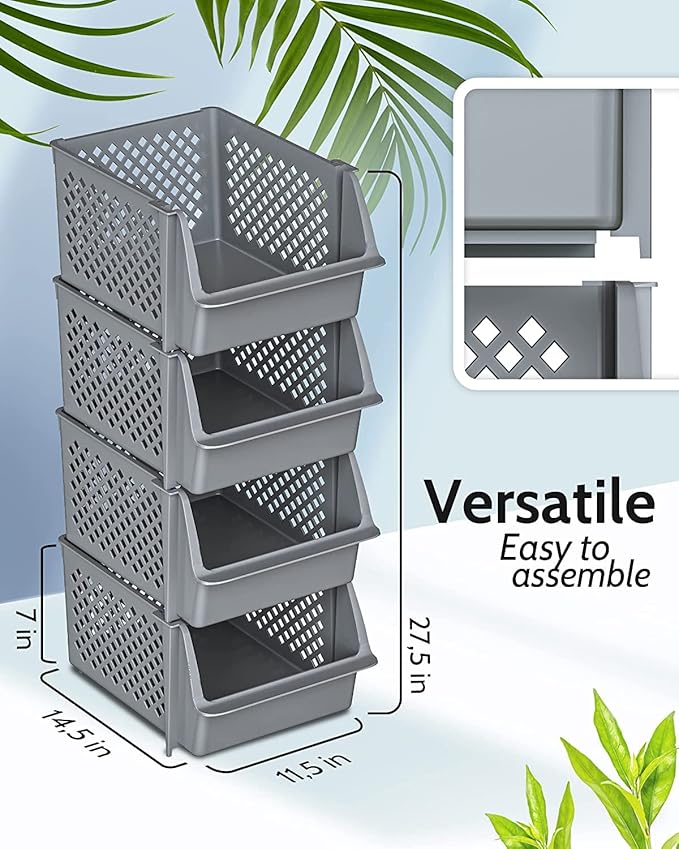 Skywin Plastic Stackable Storage Bins for Pantry - Stackable Bins for Organizing Food, Kitchen, and Bathroom Essentials (Grey - 24 Pack)