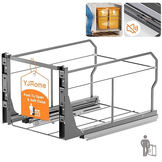 YJHome Pull Out Trash Can Under Cabinet with Push to Open Slides, Garbage Can Not Included, Double Cabinet Trash Can Pull Out Kit with Door Mounting Kit, Requires Minimum Cabinets Opening 18" W
