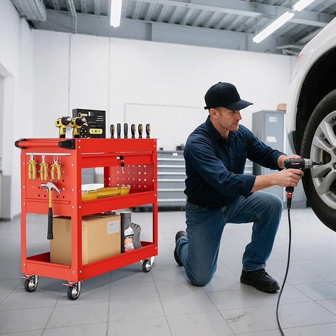 3-Tier Rolling Tool Cart with Drawers, Heavy Duty Utility Storage Cart with pegboard, Lockable Metal Tool Chest on Wheels for Garage, Warehouse & Repair Shop