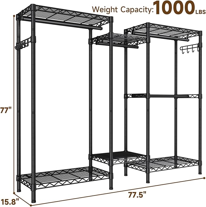 Heavy Duty Garment Rack Large Clothes Rack,Freestanding Closet Portable Clothing Rack with 7 Adjustable Wire Shelves&4 Hang Rods&2 Hooks,Metal Closet Storage Organizer Wardrobe System,MaxLoad 1000lbs