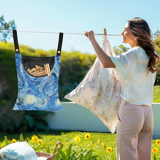 Clothes Pin Bag Clothespin Storage 14.5x12in - Creative Starry Night Print Oversized Windproof Bag with Reinforced Stitching - Heavy Duty Hanging Organizer for Frequent Laundry Use