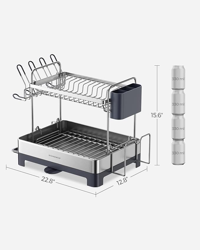 SONGMICS Dish Drying Rack - 2 Tier Dish Rack for Kitchen Counter with Rotatable and Extendable Drain Spout, Dish Drainer with Utensil, Cup, Glass, Cutting Board Holders, Silver and Gray UKCS032E01