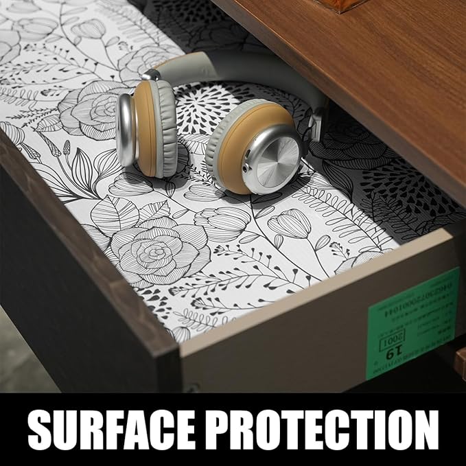 Shelf and Drawer Liner for Kitchen Cabinets, Non-Adhesive and Strong Non-Slip Floral Shelf Cabinet Drawer Liners, Waterproof Thickened Shelf Liner,Easy to Clean,Black and White,12IN x 10FT
