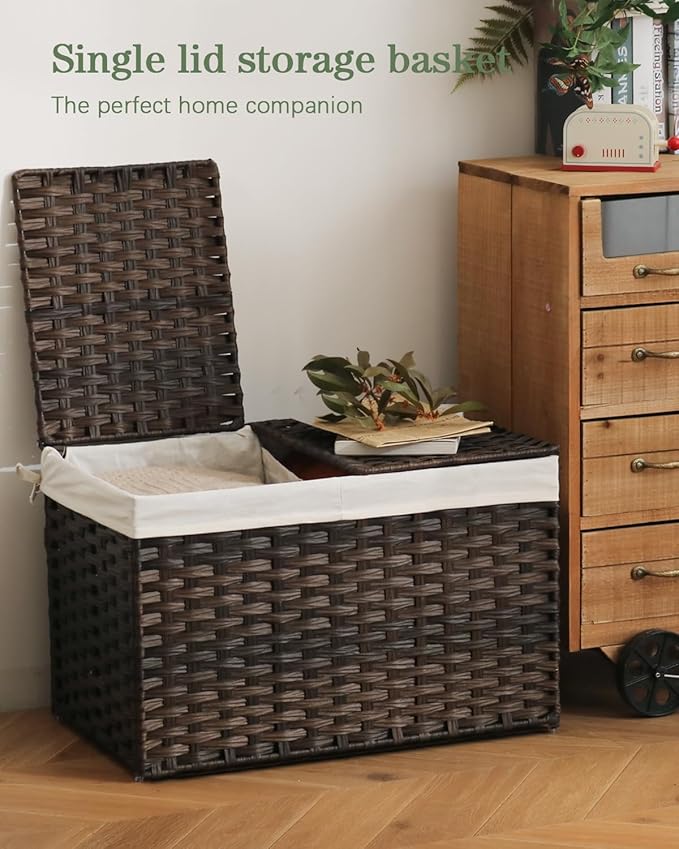 Storage Basket with Lid Rattan Storage Basket with 2 Separate Lid, 27.8 Gallon (105 L) 25.2 * 15.4 * 16.1 Inches Woven Wicker Baskets with 2 Liners and Handles for Bedroom Laundry-Brown