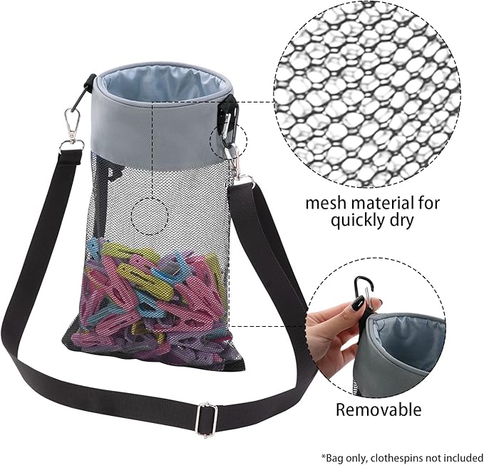 Mesh Clothespin Bag with Hooks Hanging Clothes Pin Bag with Drawstring Closure Clothespin Holder, Ventilation and Moisture Resistance, Storage Organizer, Machine Washable （Gray）