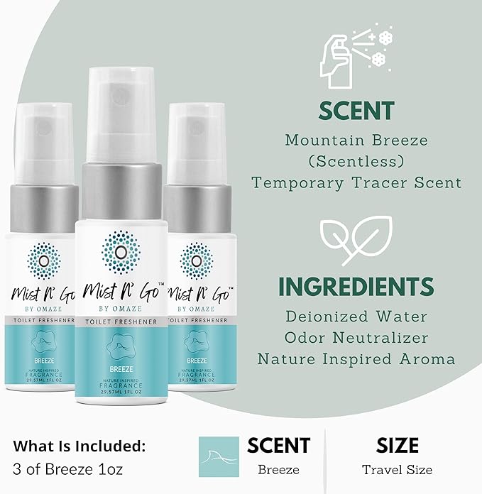 Mist N’ Go by Omaze Travel Bathroom Spray for Toilet Spray Odor Eliminator - Travel Toilet Spray for Bathroom Air Freshener Spray for Bathroom Deodorizer - Breeze Travel Size (1oz x3)