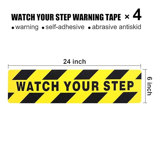 Boao 4 Pieces Watch Your Step Stickers Sign 6 x 24 Inch Caution Watch Your Step Floor Decals Warning Sticker Adhesive Tape Anti Slip Abrasive Tape for Workplace Safety Wet Floor Caution