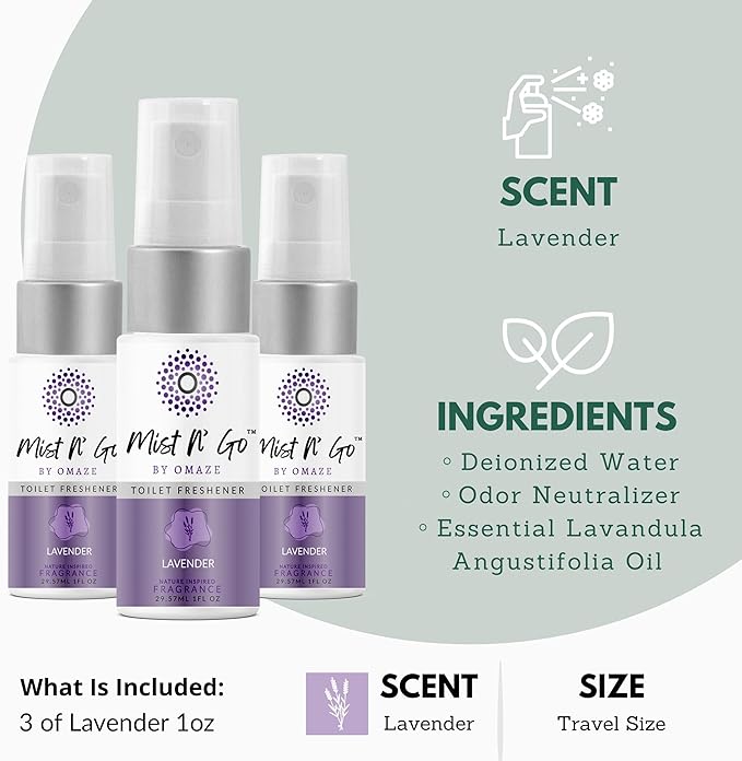 Mist N’ Go by Omaze Travel Bathroom Spray for Toilet Spray Odor Eliminator - Travel Toilet Spray for Bathroom Air Freshener Spray for Bathroom Deodorizer - Lavender Travel Size (1oz x3)