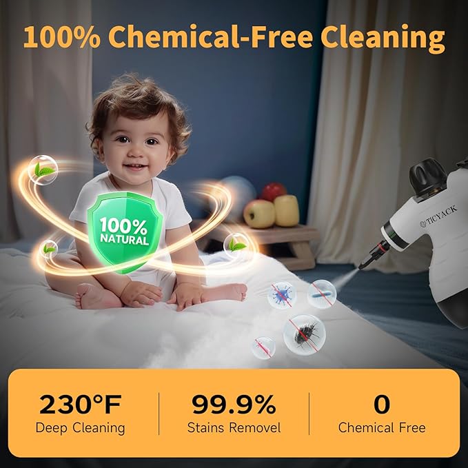 Steam Cleaner, Handheld Steam Cleaner for Home, 16-Piece Steam Cleaner Kit with Automatic Steam Switch, Steamer for Kitchen, Bathroom, Car, Living Room and Multi-Surface Deep Cleaning (White)