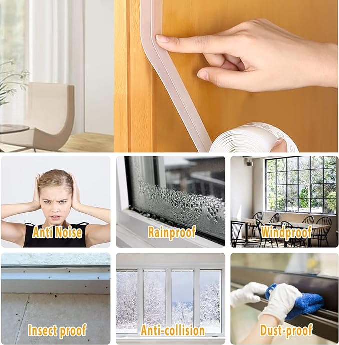 Bruiefpap 36 Ft Silicone Door Weather Stripping, Self-Adhesive Door Seal Strip Tape, Transparent, 35mm, 1.4 inches Wide, 36 Feet Long
