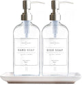 Vine Creations Glass Soap Dispenser, 2 Pack Kitchen Soap Dispenser Set with Ceramic Tray, Stainless Steel Pump, Dish Soap Dispenser for Kitchen, Hand Soap Dispenser Bathroom with Waterproof Labels
