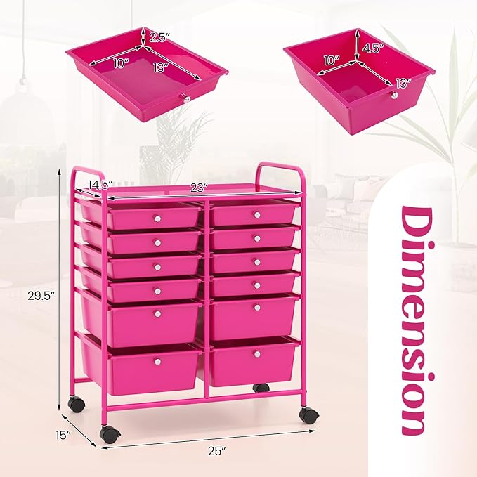 GOFLAME 12-Drawer Rolling Storage Cart, Multipurpose Organizer Cart with 2 Sizes Plastic Drawers, Mobile Utility Cart with Lockable Casters for School, Home Office, Beauty Salon, Hot Pink