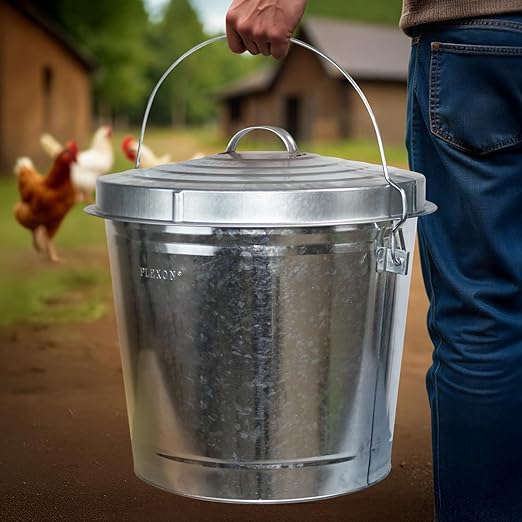 Plexon 10 Gallon Trash Can with Lid Outdoor Galvanized Metal Bucket with Locking Lid for Poultry Feed Bird Seed Storage Ash Garbage Trash Bin