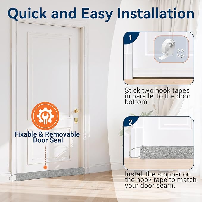 Door Draft Stopper for Bottom of Door, 36’’ Heavy Duty Under Door Draft Blocker Gap Filler, Door Seal for Noise Light Cold Air, with Adhesive Strips, Light Gray