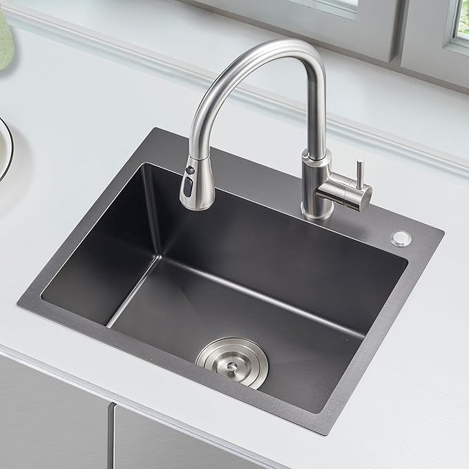 20x16 Inch Drop in Kitchen Sink, 304 Black Stainless Steel Sink, 9" Deep Single Bowl, R10 Tight Corner, 2 Pre-Drilled Holes, Topmount Installation,for Small Kitchen/RV/Bar Sink