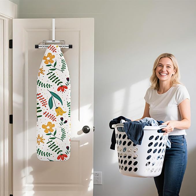Over The Door & Wall Mount Ironing Board Hanger with Removable Hook, Metal Ironing Board Holder Organizer Wall Rack for Y & T Shaped (Silver)