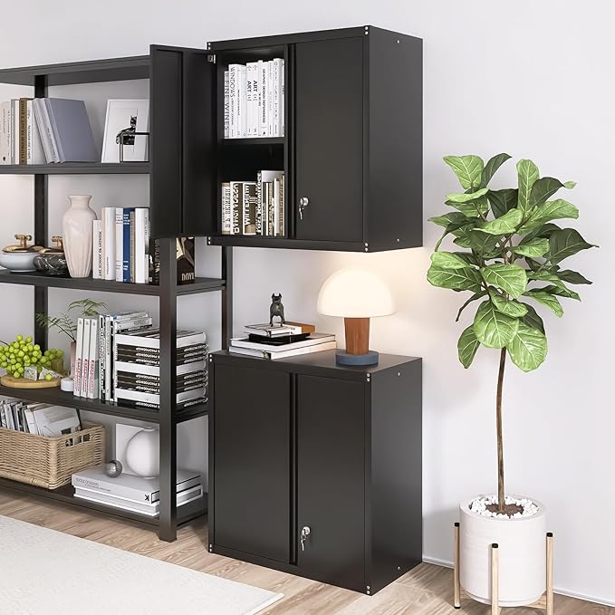 Steel Wall Cabinet, Metal Locking Wall Cabinet, Wall Hanging Metal Cabinet for Garage Tool Storage, Wall Mount Tool Cabinet for Garage, Laundry Room, Pantry, Black