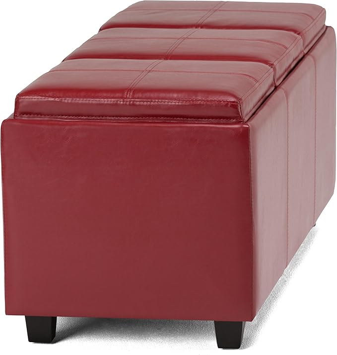 SIMPLIHOME Avalon 42 inch Wide Contemporary Rectangle Storage Ottoman in Red Vegan Faux Leather, Assembled, for the Living Room, Entryway and Family Room