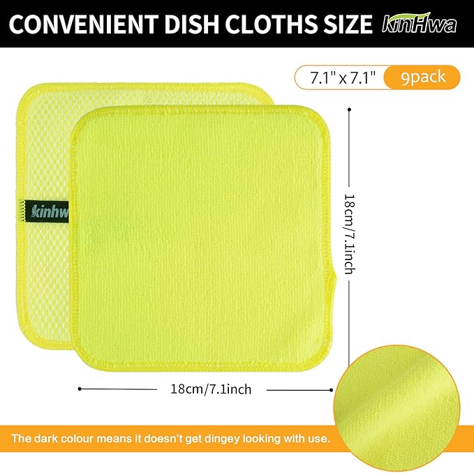 KinHwa Kitchen Washcloths for Dishes Absorbent Microfiber Dish Cloths Quick Dry Dish Rags with Poly Scour Scrub Side Ideal for Kitchen Cleaning (Yellow, 7inchx7inch 9 Pack)