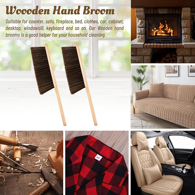 2 Pieces Woooden Dust Brush Hand Broom Bench Brush with Long Wood Handle Whisk Broom Soft Bristle Brush for Counter Bed Sofa Car Fireplace Clothes Household Cleaning(Brown)