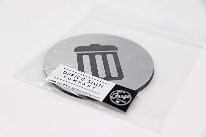 Metal Trash & Recycling Signs | Garbage & Recycling Bin Marker | Set of 2 - 1 Black Trash Sign & 1 Green Recycle Sign | 3" Round, Brushed Silver Aluminum Signs | Made in USA