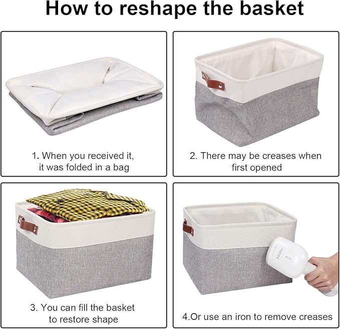 Univivi 15 inch Large Storage Baskets 4PC Gray Hard Bottom Foldable Storage Bins with PU Handles for Shelf Rectangle Fabric Baskets for Organizing (15”X10.5”X9.5”)
