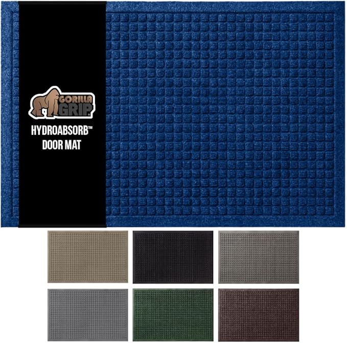 GORILLA GRIP Front Door Mat, Indoor Outdoor Ultra Absorbent HydroAbsorb Doormat, Absorbs Up to 1.7 Cups of Water, Stain and Fade Resistant, Rubber Backing Doormats, Captures Dirt, 29x17 Blue