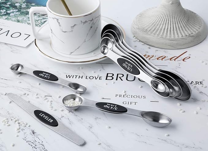 Magnetic Measuring Spoons Set of 8 Stainless Steel Stackable Dual Sided Nesting Teaspoons and Tablespoons for Measuring Dry and Liquid Ingredients