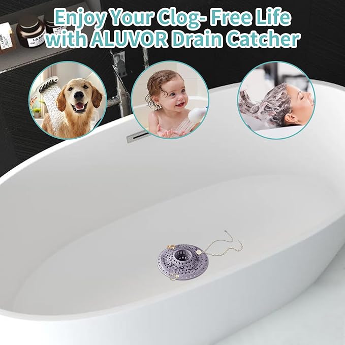 Shower Hair Drain Catcher, Silicone Bathtub Drain Hair Catcher Strainer, All-in-one Tub Hair Catcher Drain Protector for 1.48'' to 1.76'' Regular Drains, 3PCS/Purple