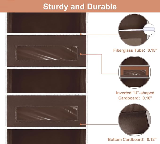5-Tier Over The Door Storage Organizer with 10 Side Mesh Pockets, 48 lbs Load Capacity, 3 Hooks Design, Door Hanging Organizer with Clear Windows for Bathroom, Bedroom, Nursery, Kitchen-Brown