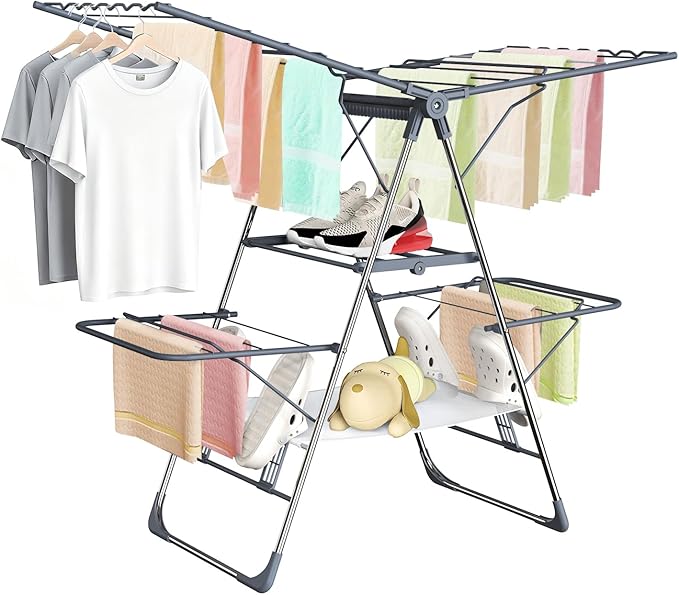Clothes Drying Rack, Foldable 2-Level Laundry Racks for Drying Clothes Rack,Stainless Steel Drying Rack Clothing Collapsible for Indoor Outdoor,with Height-Adjustable Wings