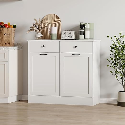 Double Tilt Out Trash Can Cabinet, 2 x 10 Gallon Wooden Trash Bin Cabinet with 2 Hideaway Drawers & Deodorizer, Freestanding Hidden Garbage Can Storage for Kitchen, Dining, Living Room, Pet-Proof Desi
