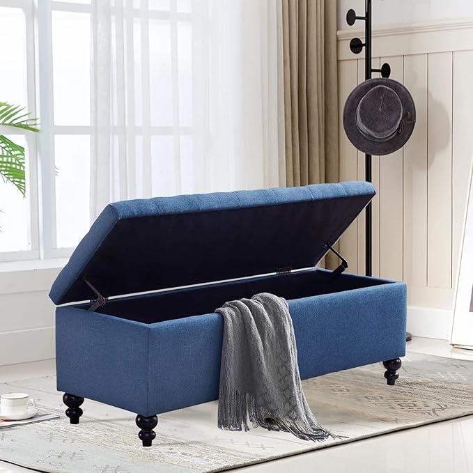 Storage Ottoman 50.2 Inches Upholstered Fabric Storage Ottoman Bench，Button Tufted Ottoman with Storage for Living Room，Bedroom End of Bed Bench Withstands 302lbs (Blue)