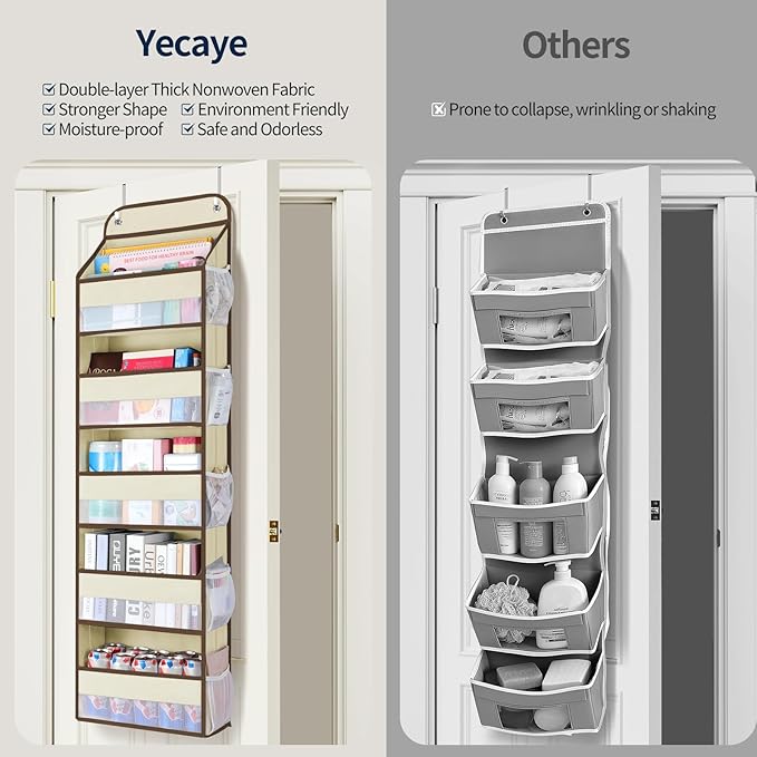 Yecaye Over The Door Organizer Storage, 5-Tier Heavy Duty Door Organizers Hanging with 10 Side Mesh Pockets, 44 lbs Load Capacity Behind Door Storage for Bathroom Nursery Bedroom Dorm Closet, Beige