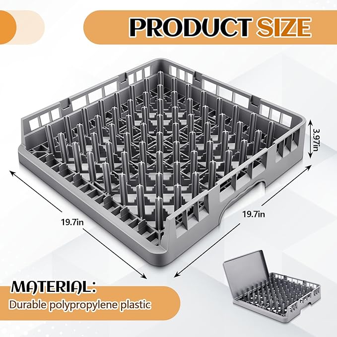Commercial Dishwasher Tray Rack Polypropylene Full Size Flatware Rack for Bowls Plates Knives Forks Cups (19.7 x 19.7 x 3.97 Inch,Peg Dish Opening,Gray)