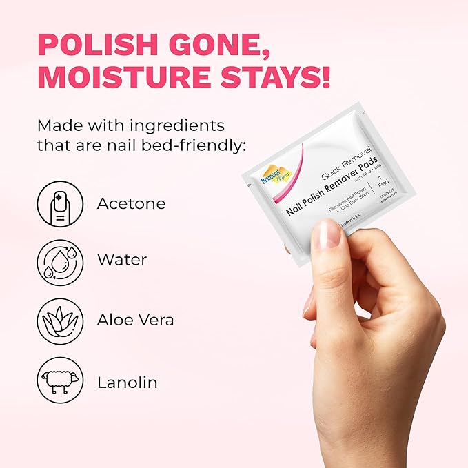 Diamond Wipes Nail Polish Remover Wipes with Aloe Vera, Acetone Nail Polish Remover Pads, 50 Individually Wrapped Nail Polish Wipes