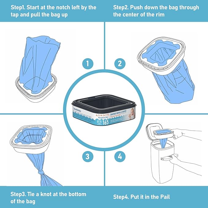Square Starter Refills Disposal Bags Refill Compatible with Diaper Genie Compact and Select Pails (Not Fit Classic Version Pails), Hold Up to 165 Newborn-Sized Diapers Per Refill, 6 Pack