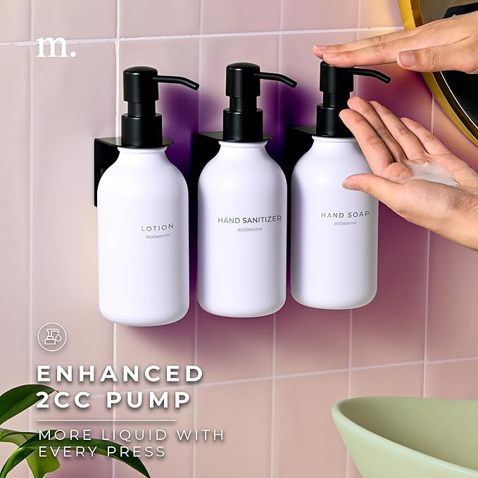MaisoNovo Shampoo and Conditioner Dispenser - Shower Soap Dispenser Wall Mounted - 16.9 fl oz Set of 3 White Plastic Bottles Black Pump - 3 Chamber No Drill