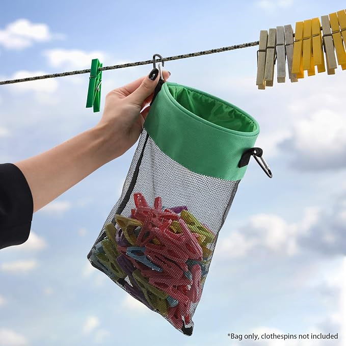 Mesh Clothespin Bag with Hooks Hanging Clothes Pin Bag with Drawstring Closure Clothespin Holder, Ventilation and Moisture Resistance, Storage Organizer, Machine Washable （Green）