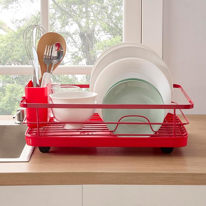 Dish Drying Rack 3 Piece Dish Drainer with Drainboard Set for Kitchen Counter – Dish Rack with Removable Utensil Holder & Swivel Spout for Countertop – DishRack for Plates, Cups & Organization, Red