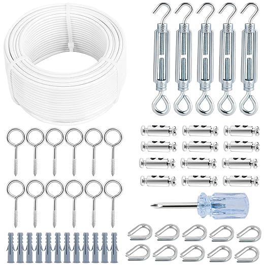 Turnbuckles for Cables Wire, 1/8" X 100Ft White PVC Coated Wire Rope Kit, Multi-use Steel Cable for Grape Vines/Clothes Line Outdoors for T Post/String Light Hanging/Garden Wire