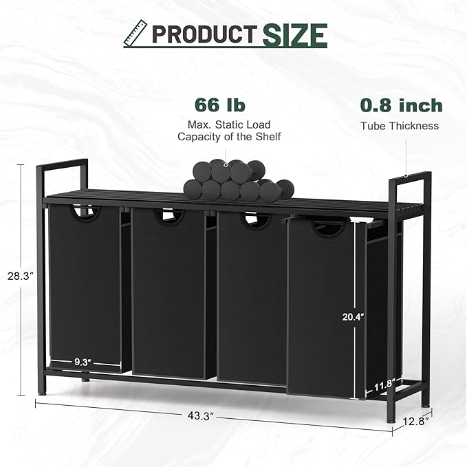 Laundry Hamper, Laundry Sorter with 4 Pull-Out Removable Oxford Fabric Bags Cloth Laundry Basket 4 x 10 Gallons (Charcoal Black)