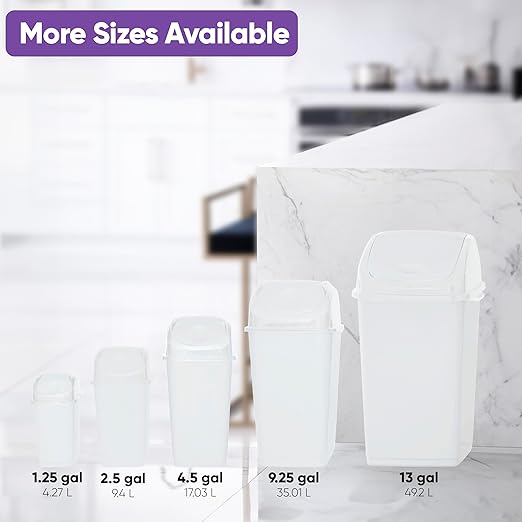 Superio Small Plastic Trash Can with Swing Top Lid, Compact Slim Waste Bin for Under Desk, Office, Bedroom, Bathroom, Dorm Room, 10 Qt. Portable Garbage Can 2.5 Gallon (White, 2 Pack)